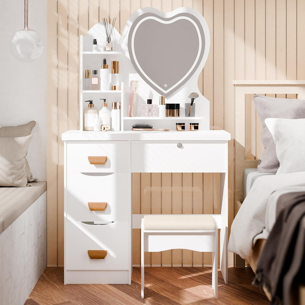 Générique Coiffeuse avec Miroir LED en Forme de Cœur et Tabouret, Coiffeuse Blanche en Bois avec 4 Tiroirs et Étagères de Rangement