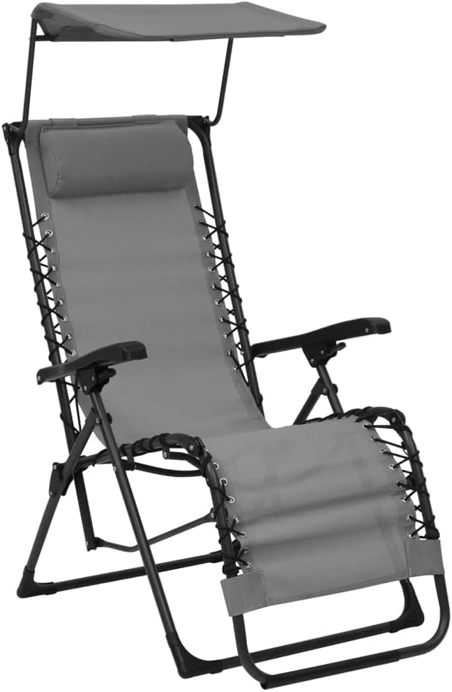 Chaise Pliable de terrasse en textilène Gris, Cadre Acier Enduit de Poudre, Dimensions 61x88x107,5 cm, Inclinaison avec Appui tête et Toit