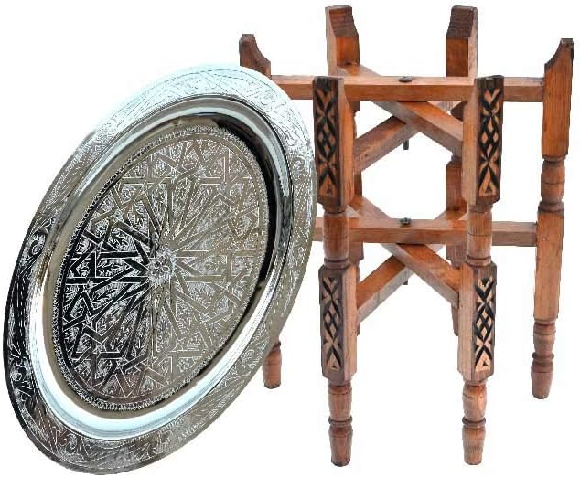 Lorient Table à thé orientale en laiton plaqué argent, plateau en cèdre structure en bois de cèdre Ø 40 cm pour votre salon Table d'appoint vintage