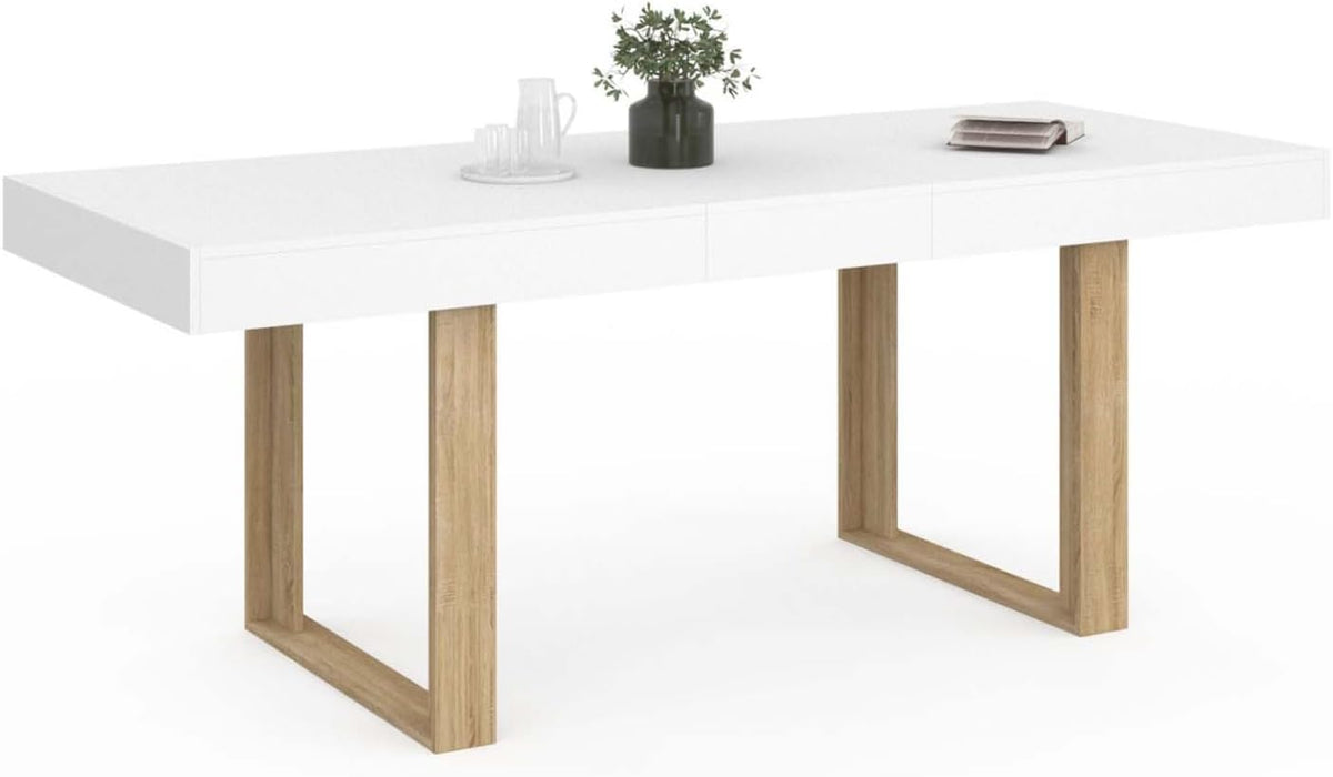 IDMarket - Table à Manger Extensible Rectangle Phoenix 4-8 Personnes Blanc Pieds Bois 160-200 cm