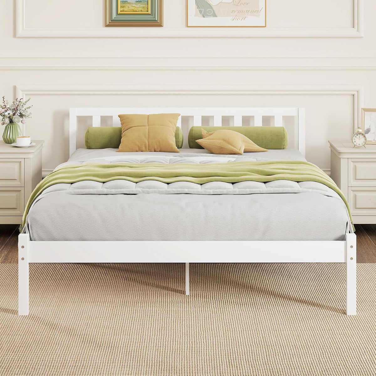 HOMCOM Cadre de lit en Bois Massif 140x190 cm Lit Simple avec tête de lit et Sommier à Lattes Solide pour Enfants Adultes Blanc