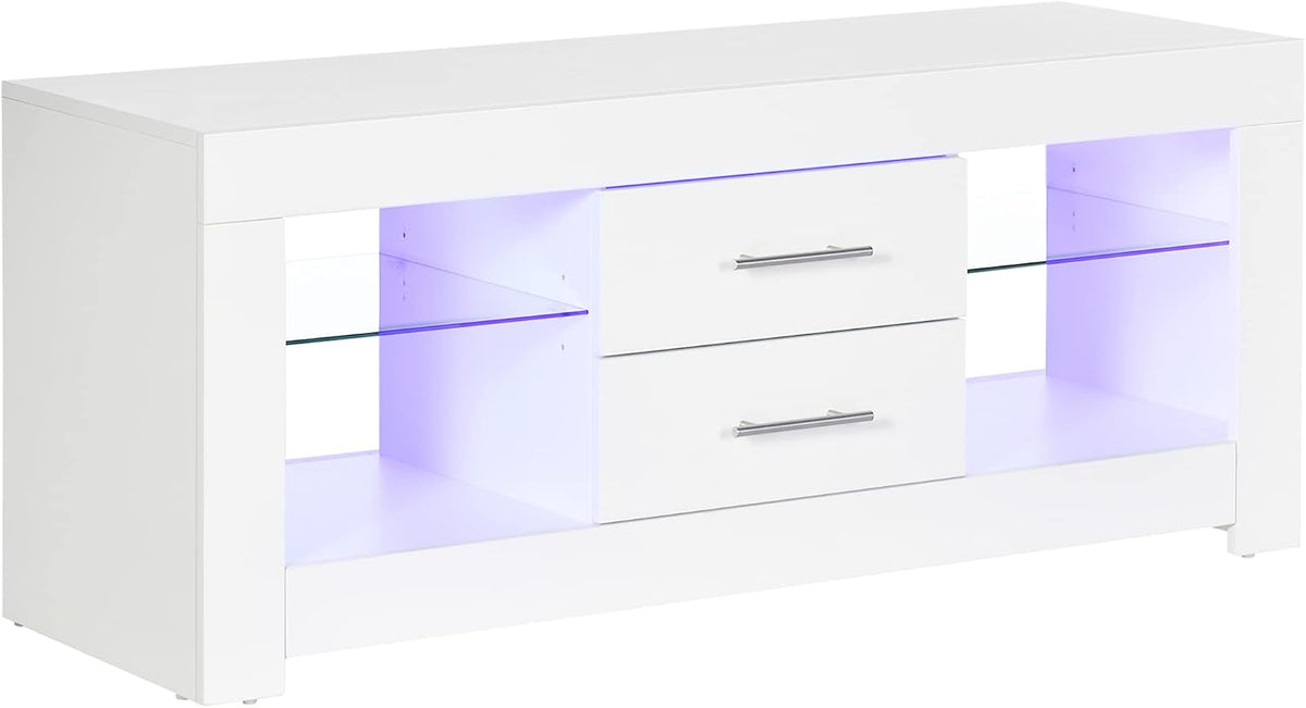 homcom Meuble TV de 55' avec lumières LED 12 couleurs et télécommande, meuble de salon en bois avec étagères en verre 120 x 40 x 50 cm, blanc