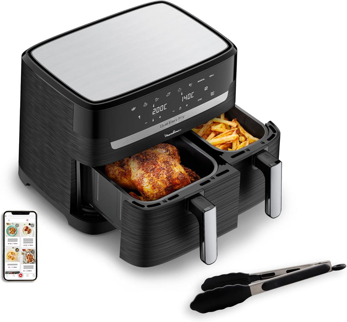 Moulinex Easy fry Essential inox, 8,3L, Jusqu'à 8 personnes, 7 Programmes intuitifs, Air Fryer, Repas complet, synchronisation, Économie d'énergie