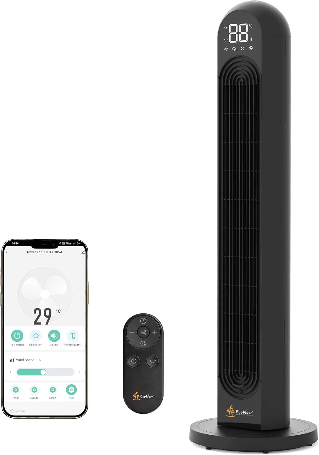 EcoNour Ventilateur Tour Intelligent 42 Pouces, Ventilateur Oscillant Sans Pales Wi-Fi avec Alexa, Google Assistant, 12 Vitesses, 4 Modes