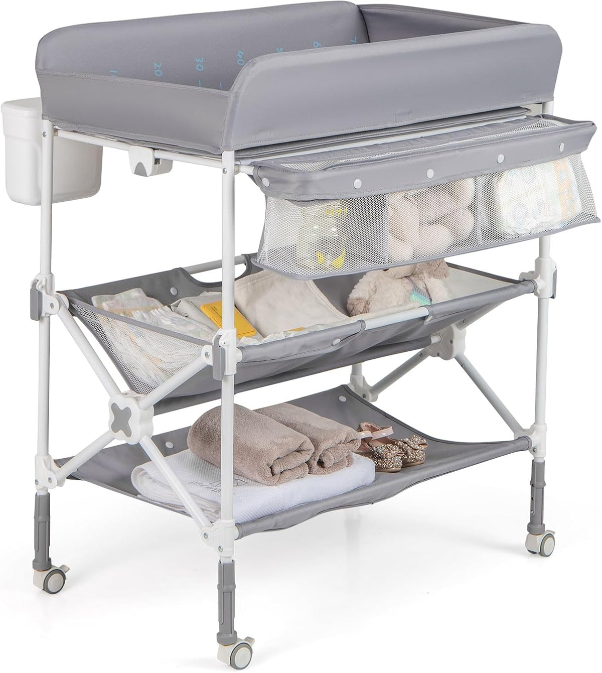 COSTWAY Table à Langer Pliante pour Bébé, Table à Langer Portable avec Roulettes Étagères Poubelle, Station Imperméable, Hauteur Réglable