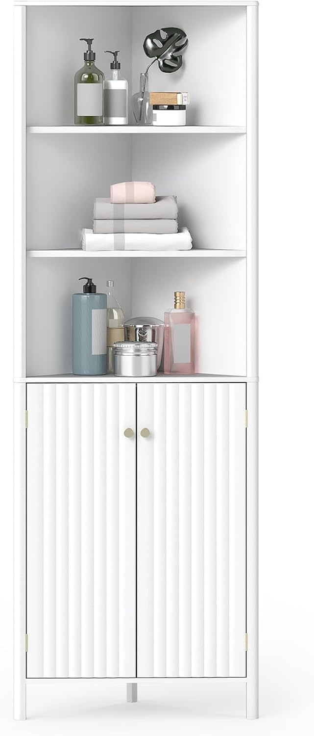COSTWAY Armoire d'angle pour Salle de Bain, Meuble de Rangement avec Placard Étagère Réglable, 3 Compartiments Ouverts